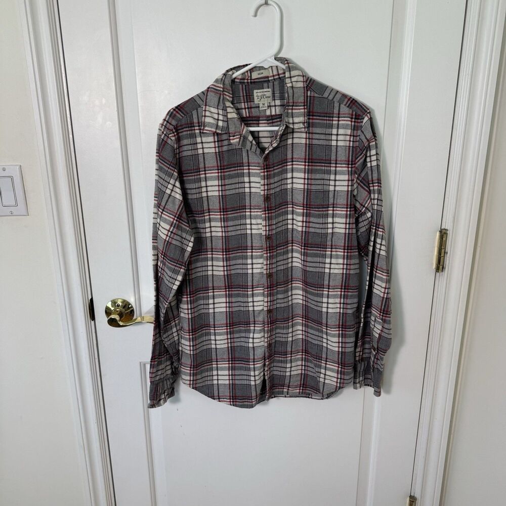 J.Crew Flannel Shirt Mens Medium Slim Gray Red Tartan Plaid Button Up Camp M